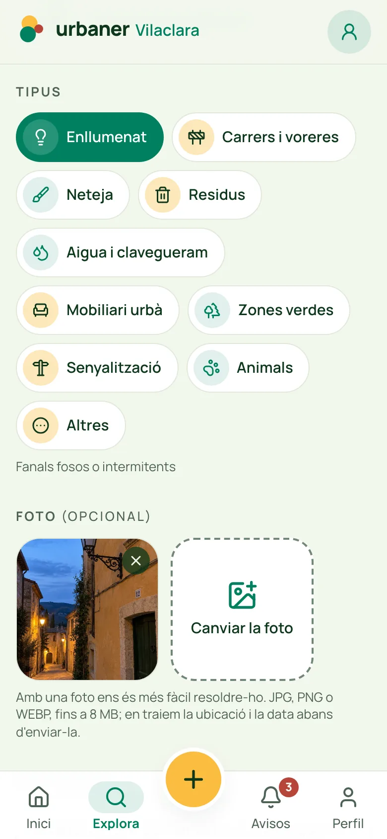Pantalla «Incidències» d’Urbaner Vilaclara, l’app d’un municipi fictici