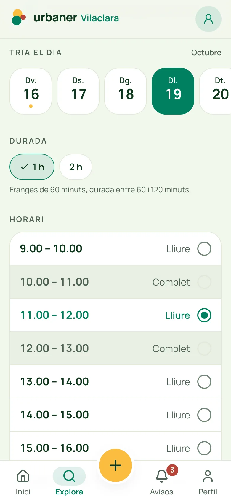 Pantalla «Reserves» d’Urbaner Vilaclara, l’app d’un municipi fictici
