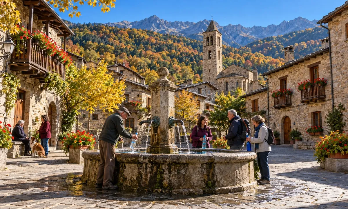 Veïns omplint ampolles a la font de pedra d’una plaça de muntanya a la tardor